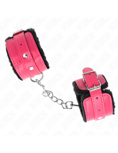 KINK - MUÃEQUERAS FORRADAS PREMIUM NEGRO CON CORREA FUCSIA AJUSTABLE 17-29 CM X 6 CM