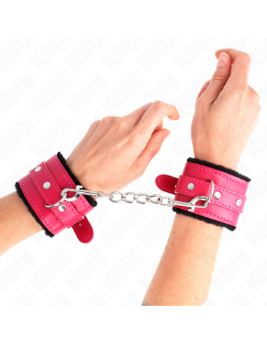 KINK - MUÃEQUERAS FORRADAS PREMIUM NEGRO CON CORREA FUCSIA AJUSTABLE 17-29 CM X 6 CM