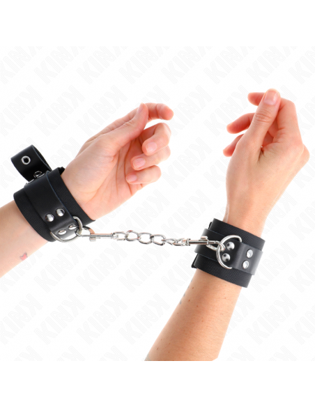 KINK - MUÃEQUERAS DE NYLON NEGRO CON CORREA CUERO NEGRO AJUSTABLE 19-29 CM X 5.1 CM