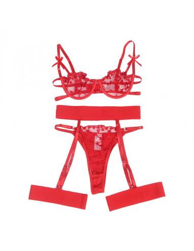 Subblime - 954338 sujetador + tanga + ligueros estampado de corazones rojo l/xl