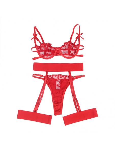 Subblime - 954338 sujetador + tanga + ligueros estampado de corazones rojo l/xl