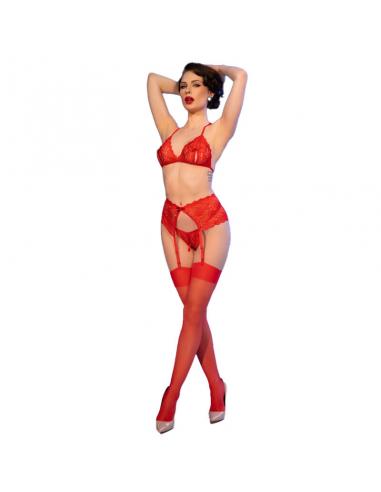 Chilirose - cr 4848 set sujetador + tanga + medias de encaje rojo s