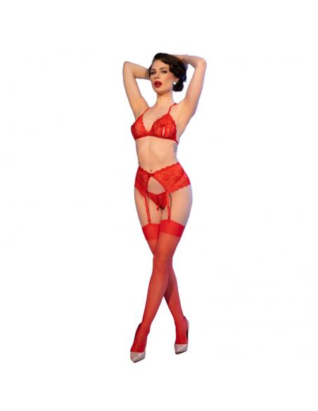Chilirose - cr 4848 set sujetador + tanga + medias de encaje rojo s