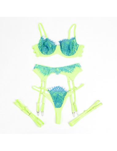 Subblime - 955328 set sujetador con encaje y ligueros verde y azul l/xl