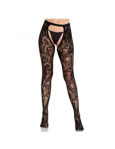 Leg avenue - medias de encaje de rosas con parte trasera abierta negro
