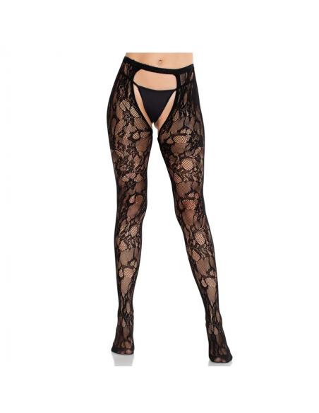 Leg avenue - medias de encaje de rosas con parte trasera abierta negro
