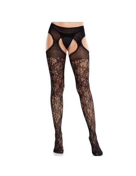 Leg avenue - medias de encaje floral con ligas unidas negro