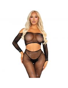 Leg avenue - crop top y legging de rejilla con pedrería negro