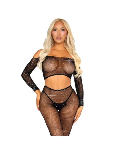 Leg avenue - crop top y legging de rejilla con pedrería negro