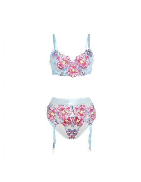 Subblime - 957643 conjunto sujetador y liguero con bordados de flores rosas s/m