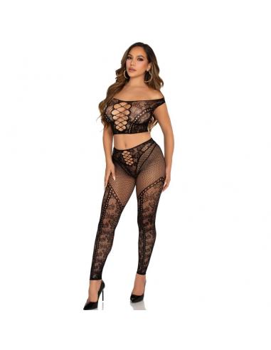 Leg avenue - crop top y legging de rejilla con hombros descubiertos negro