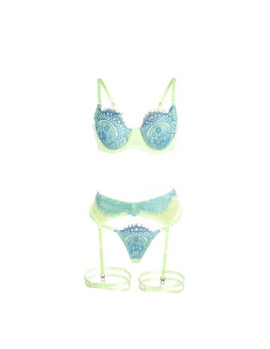 Subblime - 955328 set sujetador con encaje y ligueros verde y azul l/xl