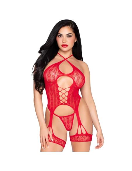 Leg avenue - 89338 set body abierto con liguero + tanga de encaje rojo - talla única