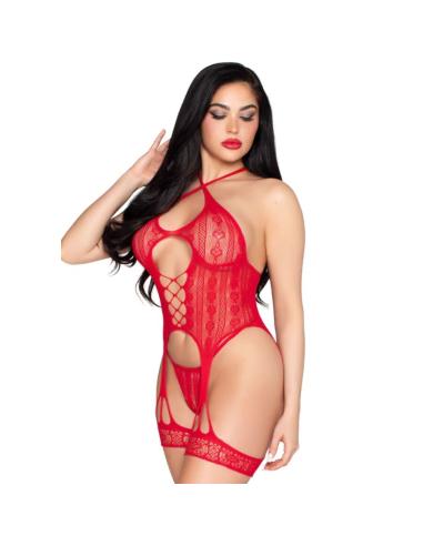 Leg avenue - 89338 set body abierto con liguero + tanga de encaje rojo - talla única