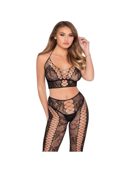 Leg avenue - 89368 crop top de red y encaje con medias negro - talla única