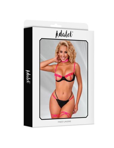 Pauline Set Sujetador, Tanga, Ligas y Choker Negro y Rosa