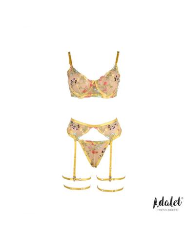 Zoey Set Sujetador, Tanga, Liguero y Ligas Amarillo Floral