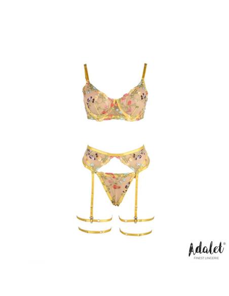 Zoey Set Sujetador, Tanga, Liguero y Ligas Amarillo Floral