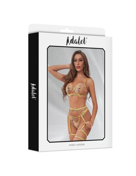 Zoey Set Sujetador, Tanga, Liguero y Ligas Amarillo Floral