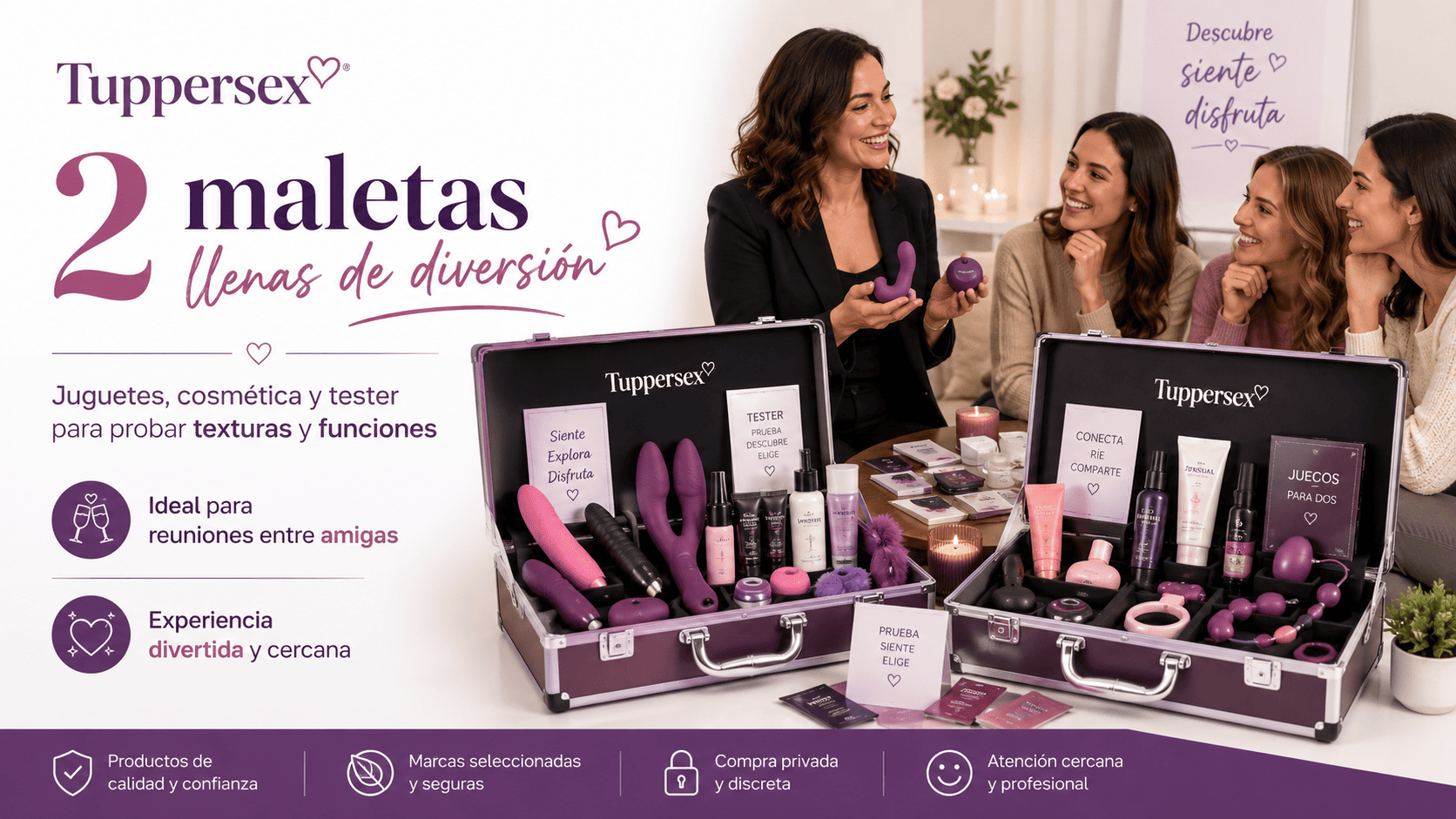 Dos maletas llenas de juguetes eróticos, cosmética y tester para reunión Tuppersex